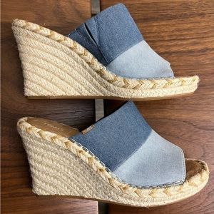 TOMS Monica Mule 10015473 Women’s Blue Canvas Slip On Heels Wedges Shoes